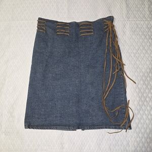 Trendy Denim Mini Skirt - Blue and Brown, Leather Laces On Waist, Womens Large